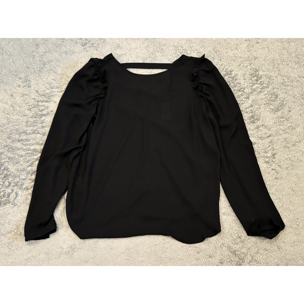 NWT Ann Taylor LOFT Top Womens XS Black Long Sleeve Semi Sheer Ruffle Blouse